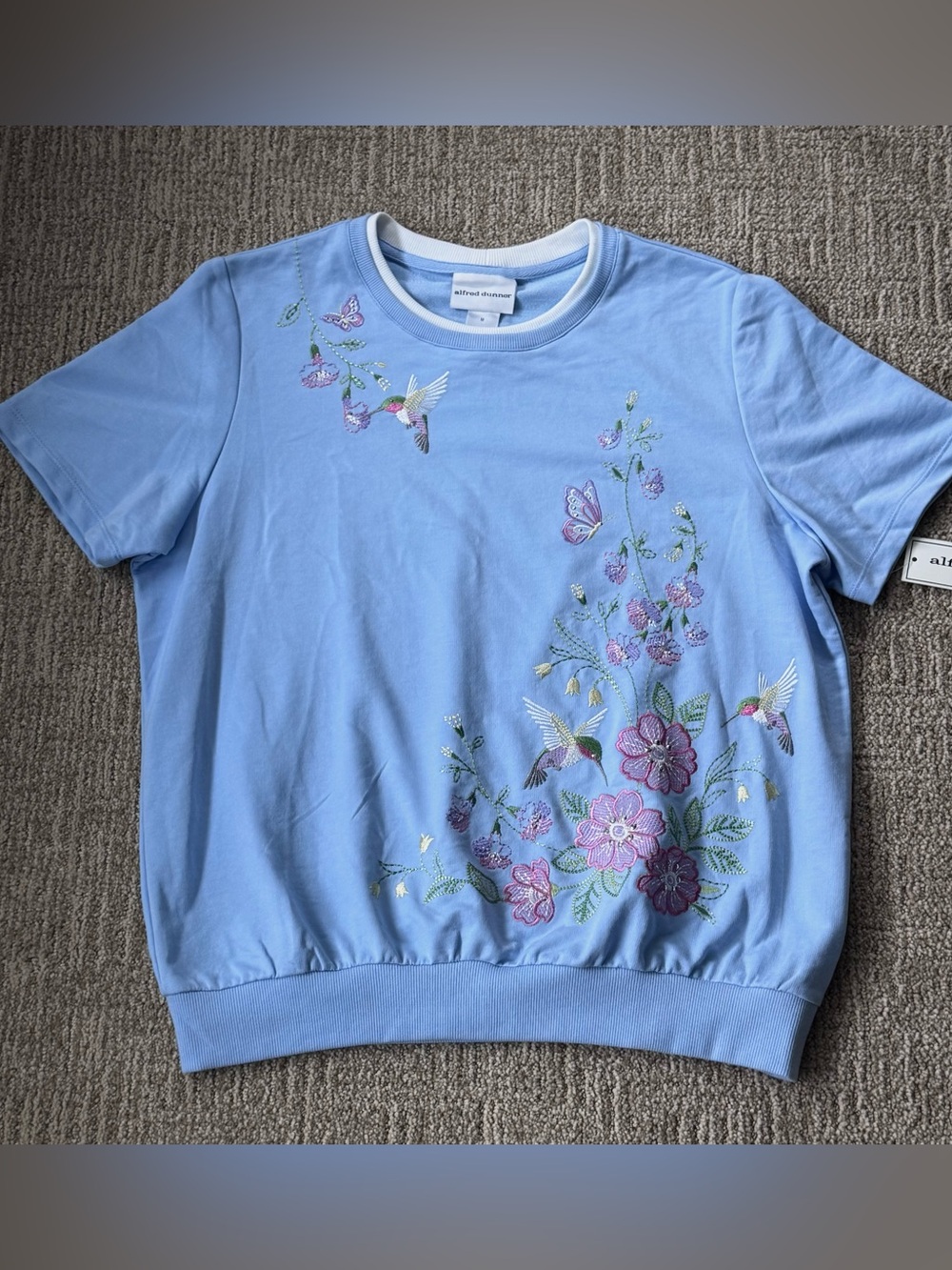 Alfred Dunner Light Blue Floral Hummingbird Short Sleeve Top M grannycore pastel - Picture 3 of 12
